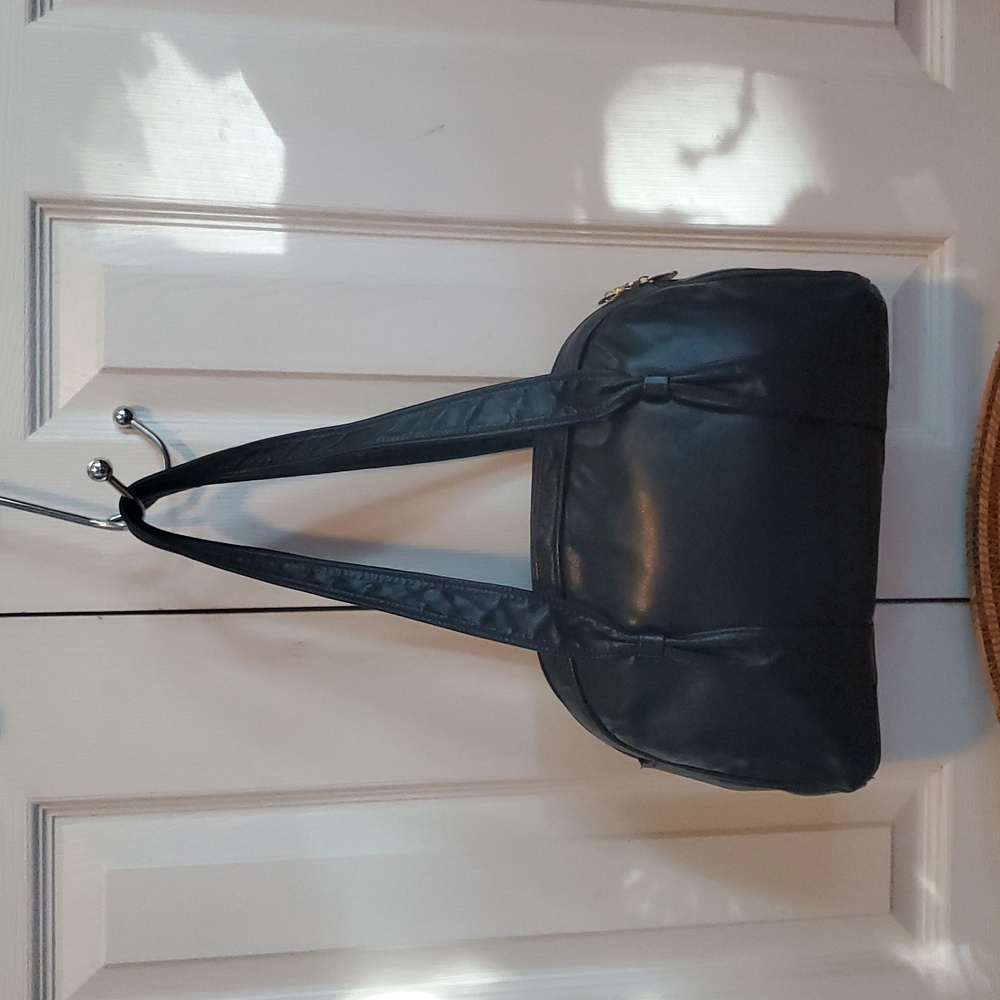 Clemente Navy Blue Leather Bowling Bag Shaped Double Strap Handbag